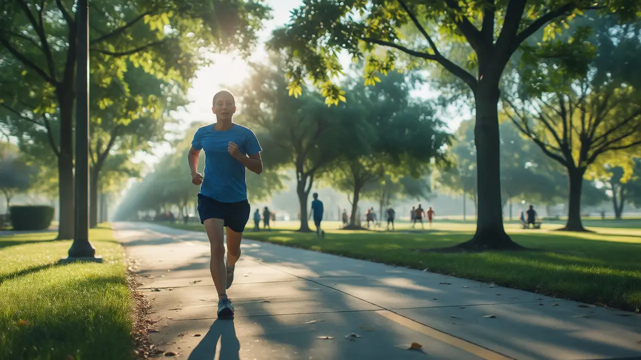 A person jogging peacefully in a sunny park, practicing healthy coping skills.