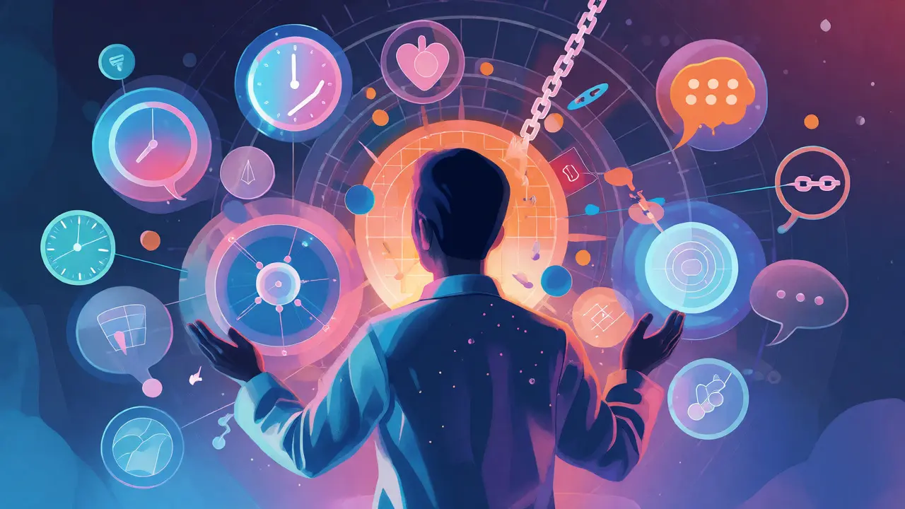 Abstract visualization of gaming disorder criteria surrounding a central figure