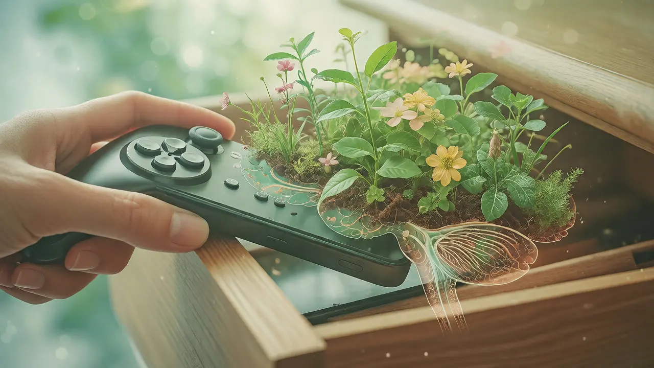 Artistic depiction of a game controller disappearing into a brain-shaped garden, symbolizing recovery.