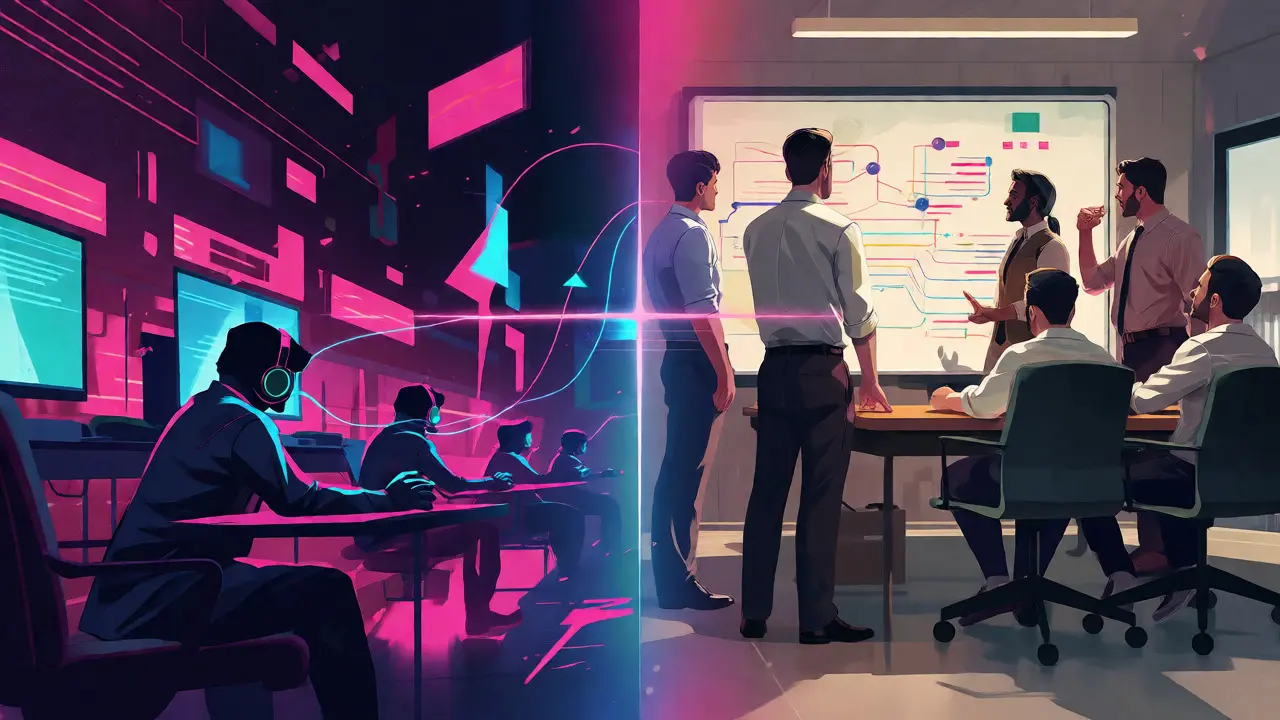 Artistic split view connecting video game coordination strategies with urgent workplace communication.