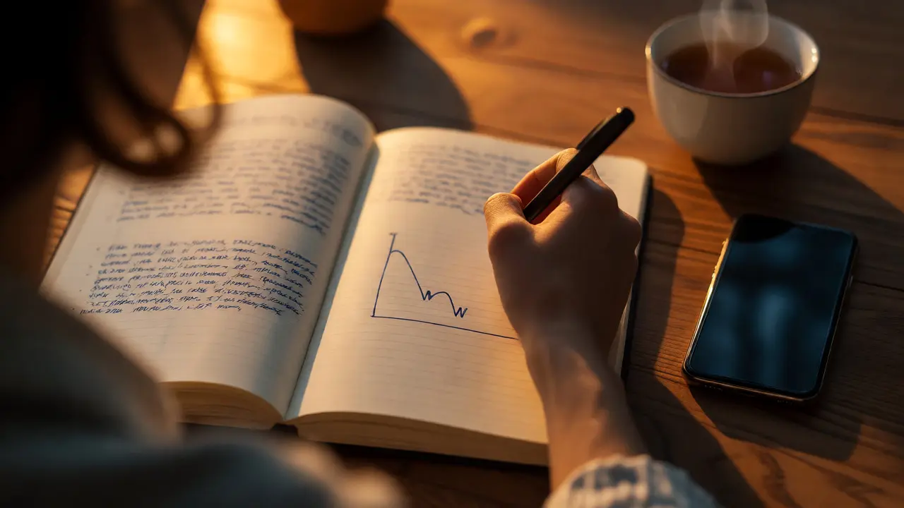 Close-up of a journal and phone on a desk during evening self-reflection