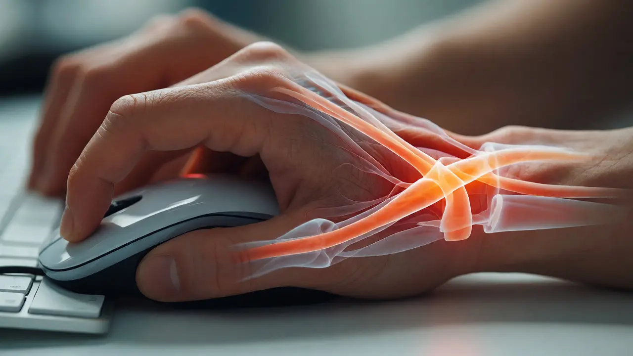 Close-up of hand on mouse with anatomical view of inflamed wrist nerves.