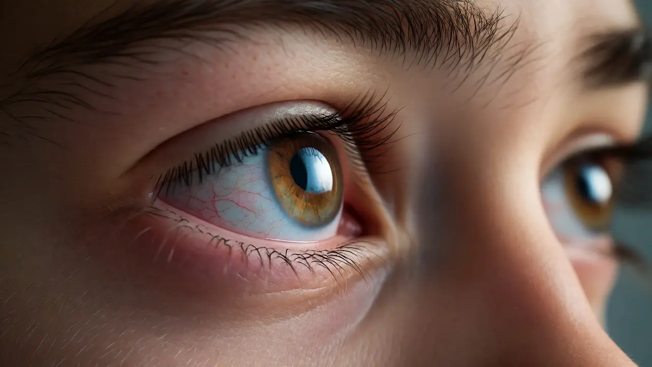 Close-up of strained, red eyes reflecting a computer screen, illustrating digital eye strain