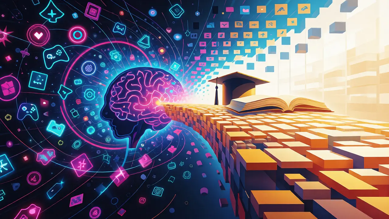 Conceptual art depicting the transition from gaming chaos to academic focus