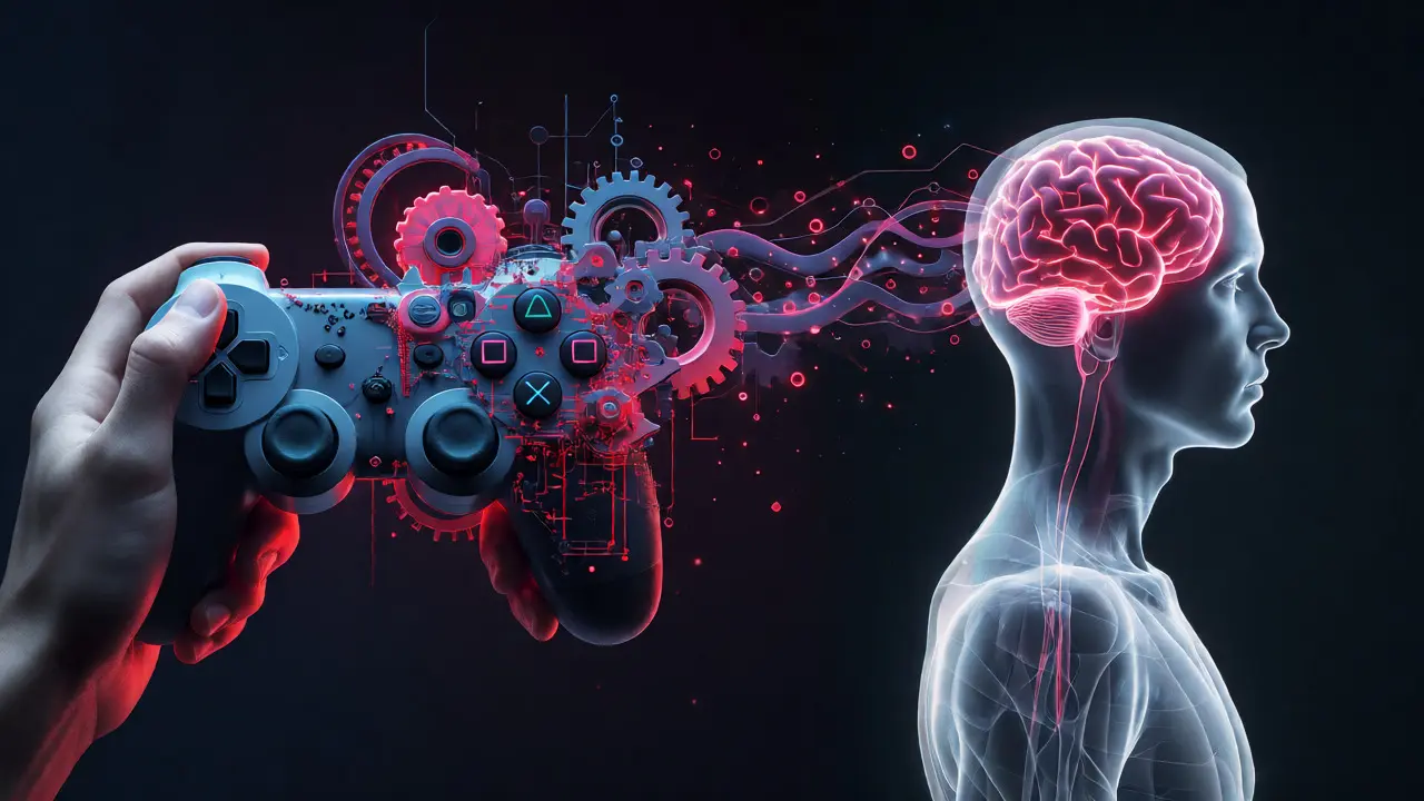 Conceptual art showing gaming habits automating actions via the caudate nucleus