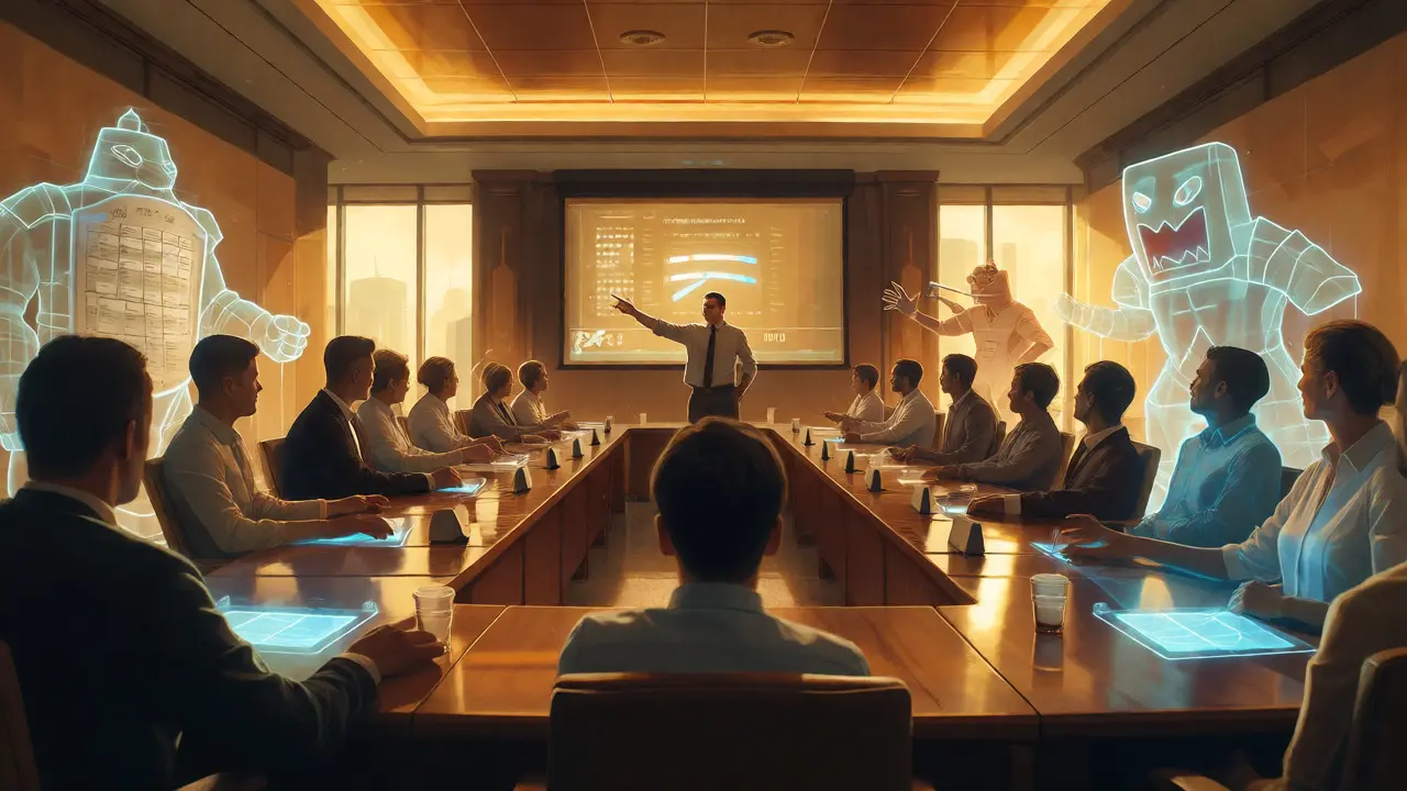 Conceptual boardroom scene where employees act out fantasy roles to solve business problems together.