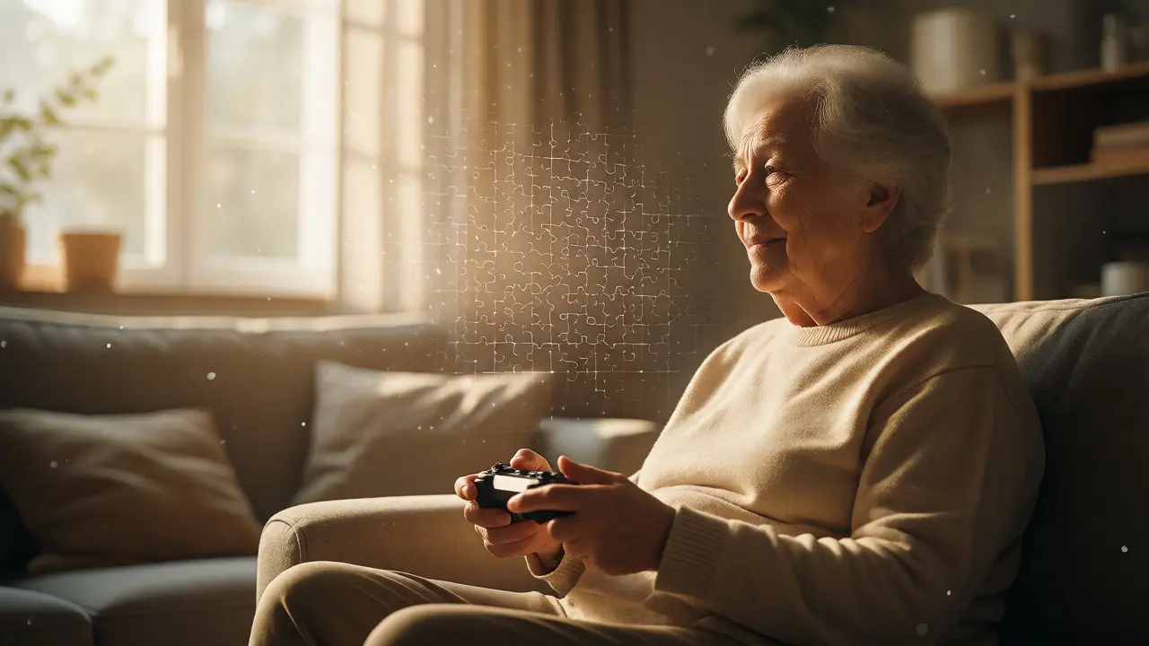 Elderly person playing games with cognitive focus
