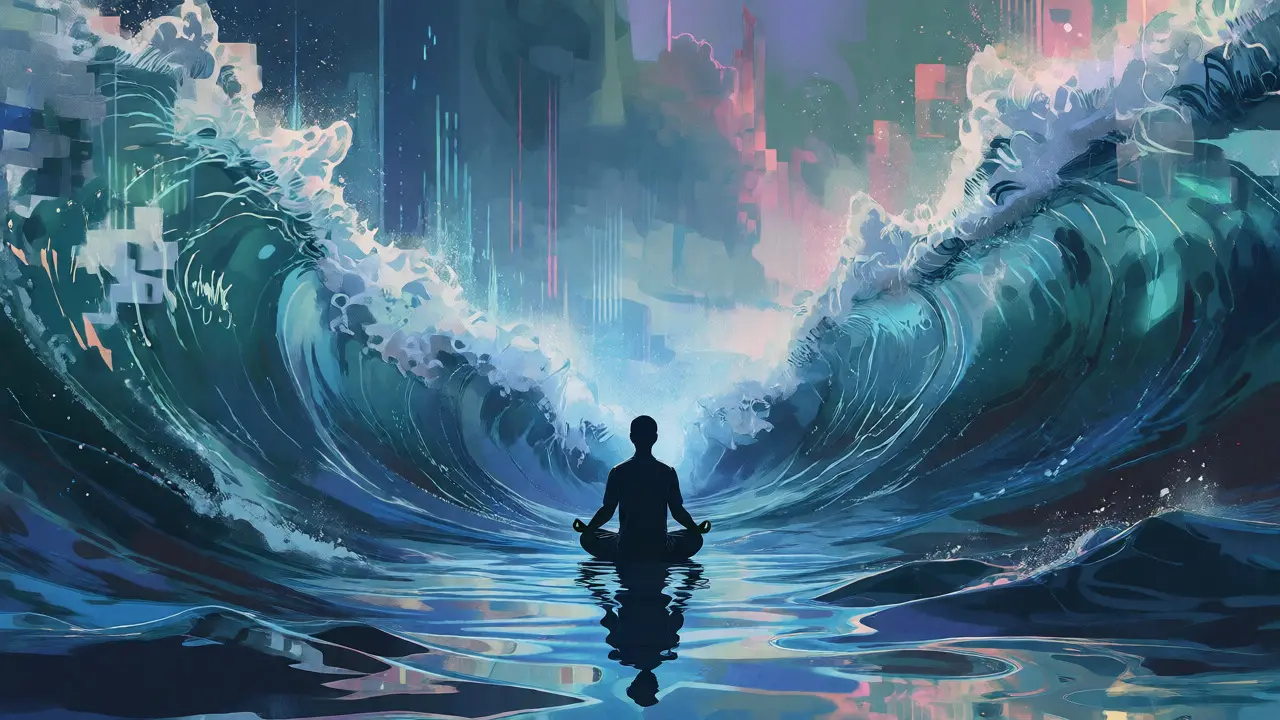 Figure standing calmly among digital-style waves representing urges.