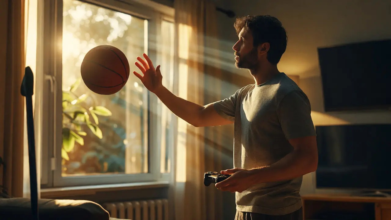 Man holding controller but reaching for real-world activity in sunlight