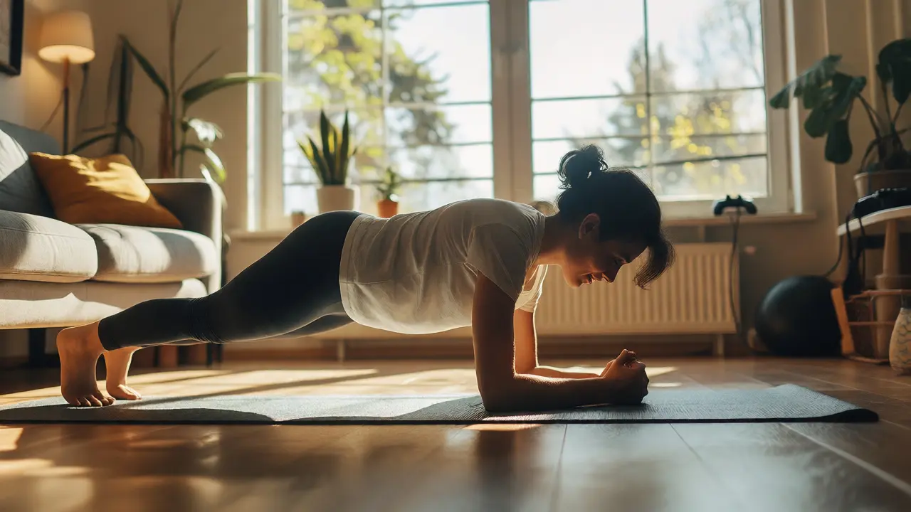 Person doing planks in a sunlit room with a controller in the background.
