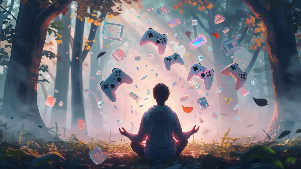 Person meditating as game icons float away like leaves