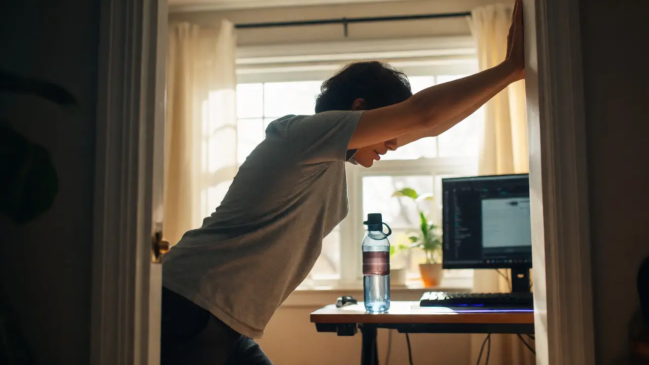 Person stretching chest in doorway next to gaming desk with water bottle.