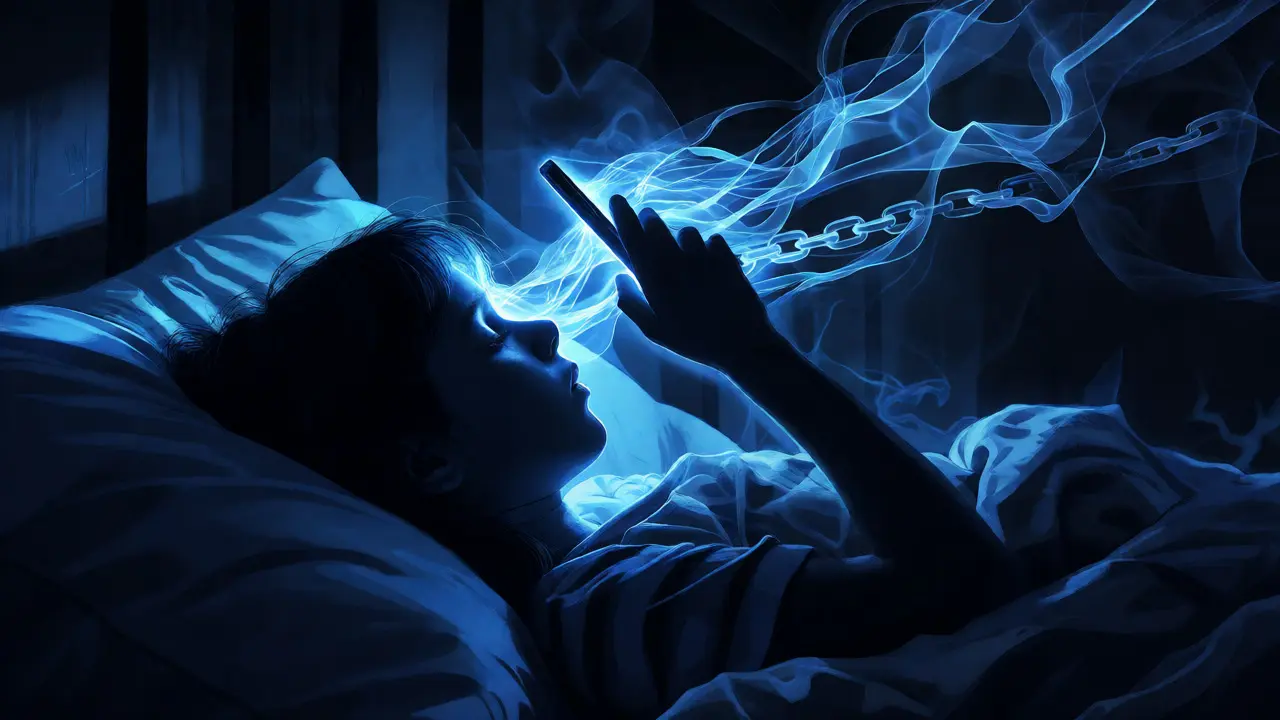Silhouette of teen in bed lit by phone blue light, symbolizing sleep disruption