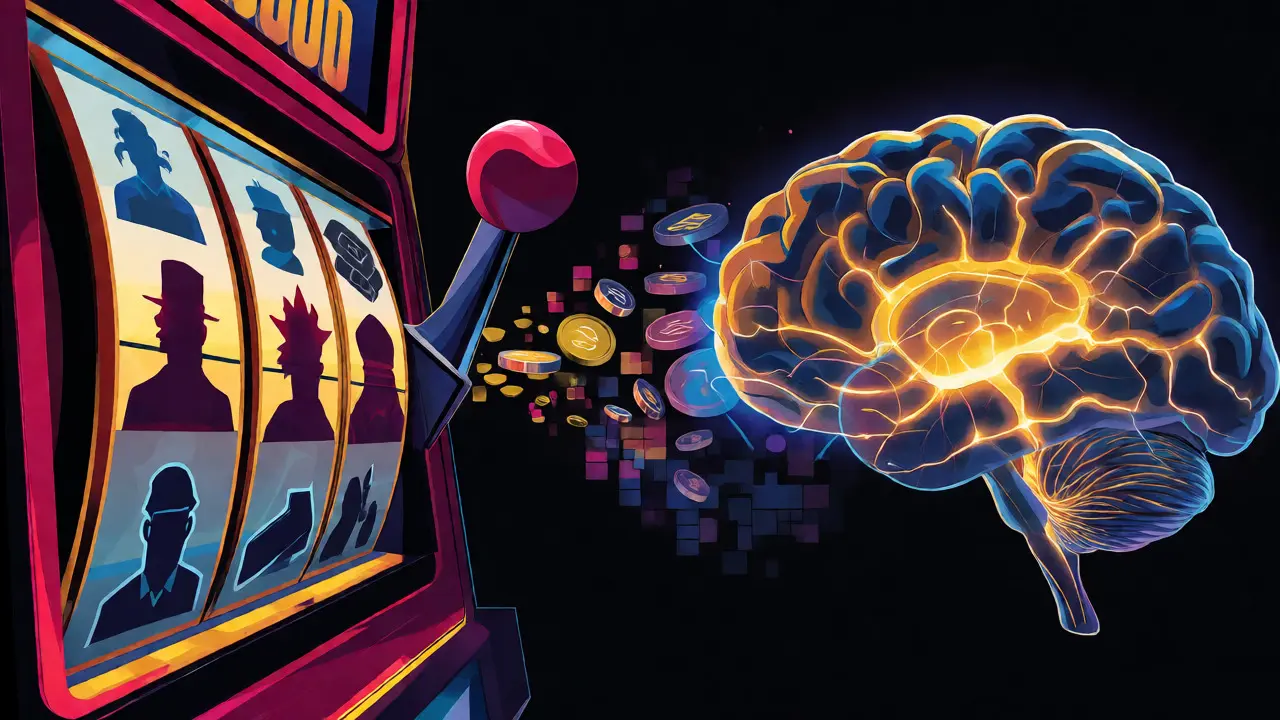 Slot machine mechanism merging with a glowing human brain concept art