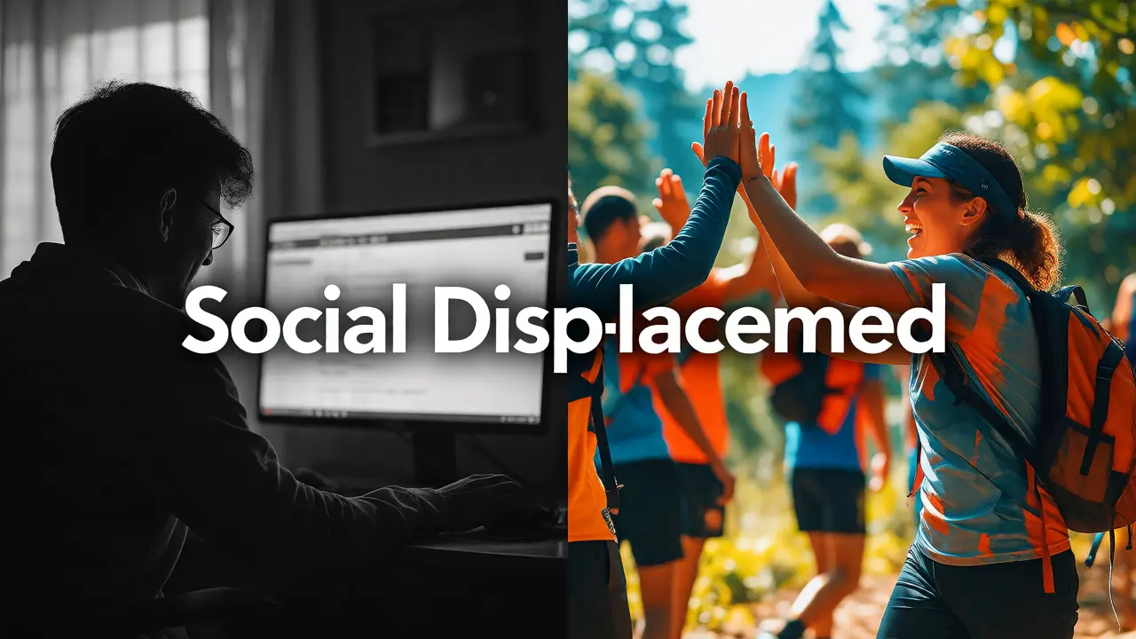 Split image showing transition from isolated gaming to active social outdoor recreation.