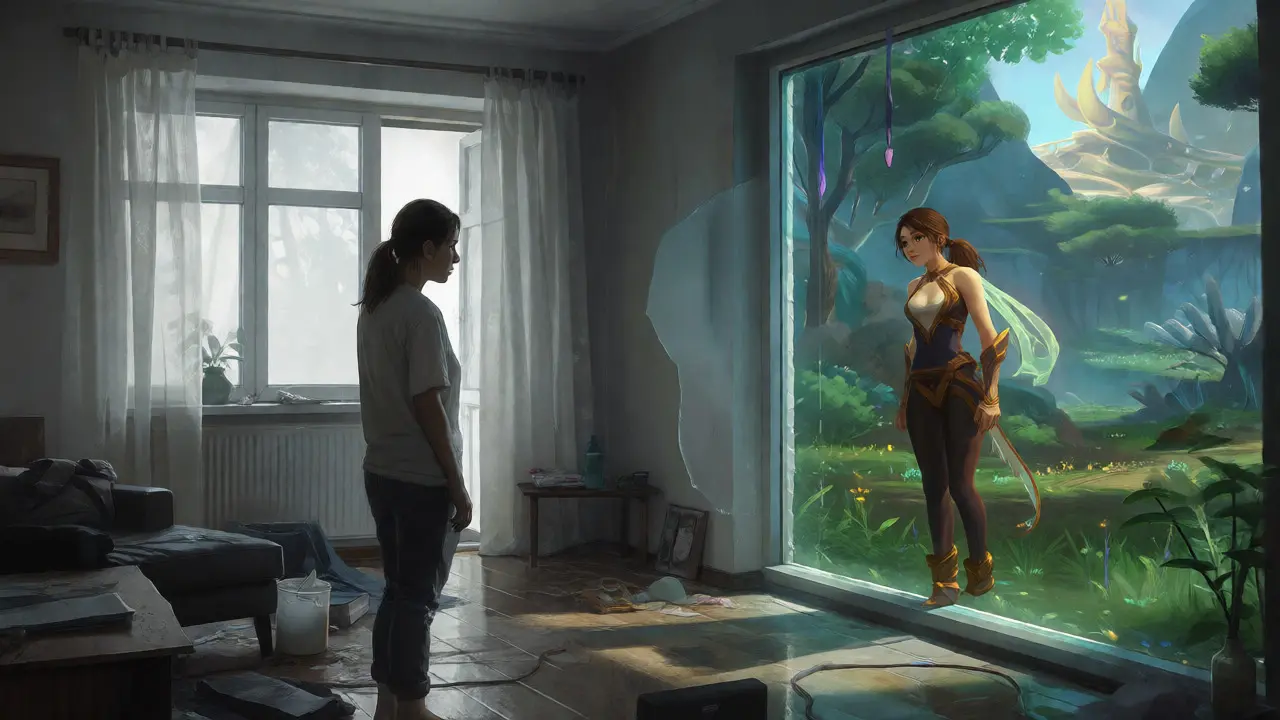 Split view of a tired woman in reality versus her empowered avatar in a fantasy game world.