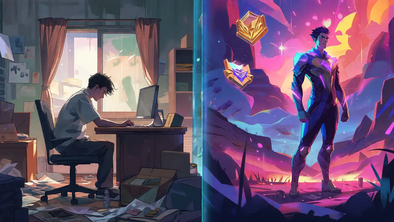 Split view of isolated gamer in messy room versus heroic online avatar