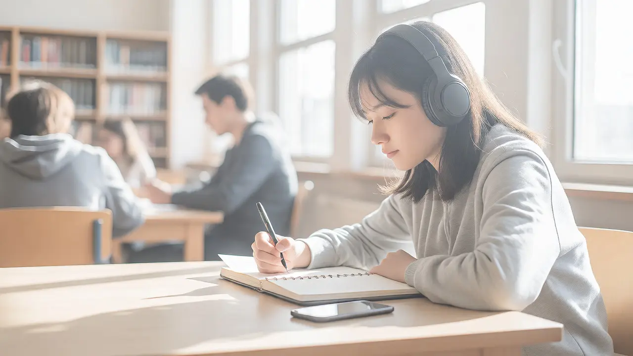 Student studying peacefully in a library with phone put away