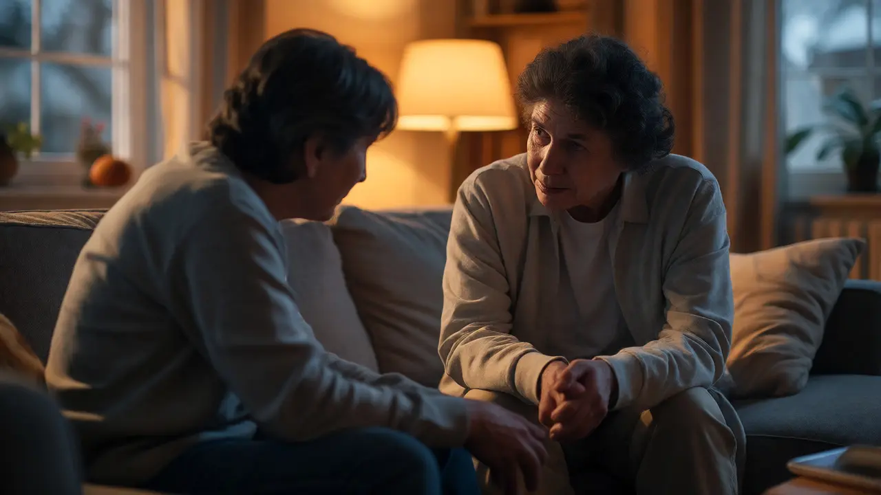 Two friends having a deep, supportive conversation in a warm living room.
