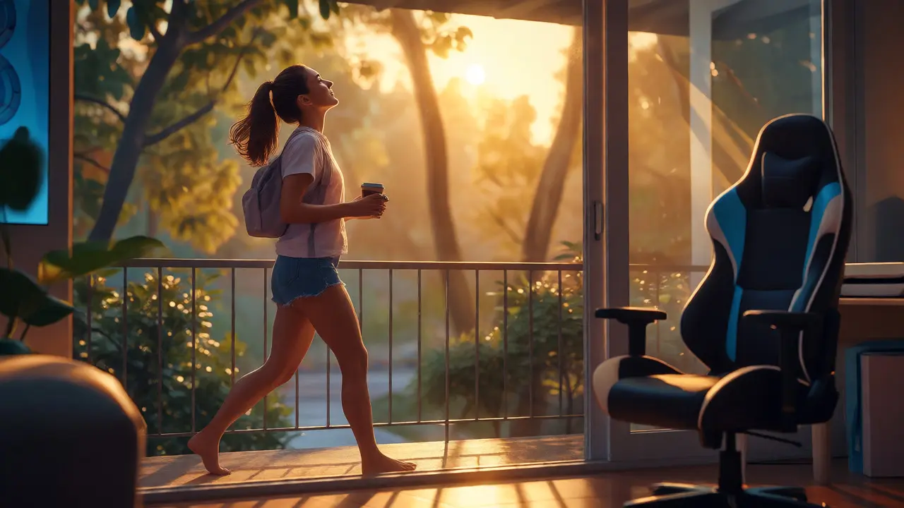 Woman enjoying coffee outdoors in sunlight, representing recovery and balanced life after gaming.