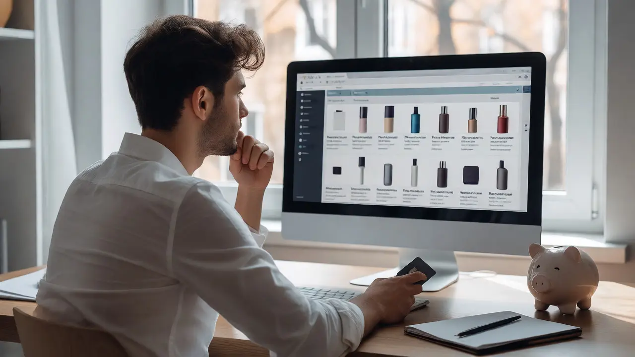 Young adult holding a credit card while viewing game inventory on a monitor